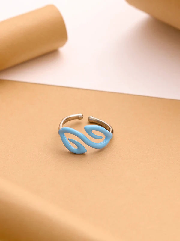 Blue Enamel Leaf Doodle Ring
