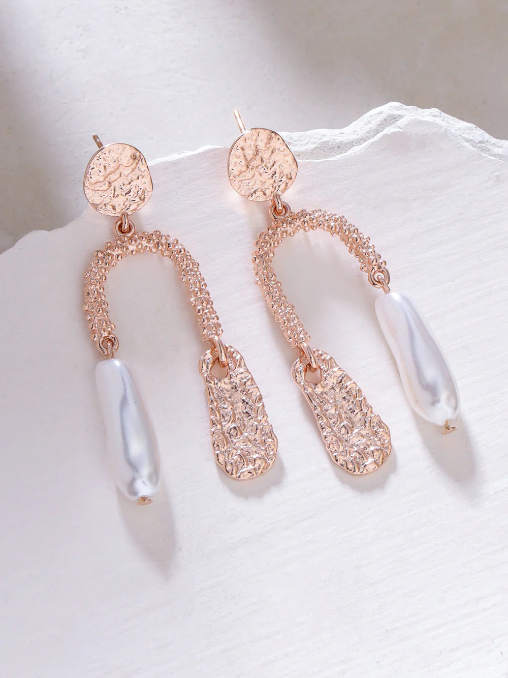 Syra Rose Gold Textured Metal and Pearl Earrings 925 Sterling Silver For Women