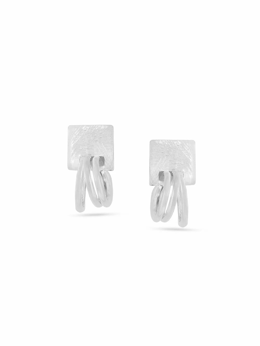 Syra Silver Rhodium Abstract Geometric Scratch-Finish 925 Sterling Silver Earrings For Women