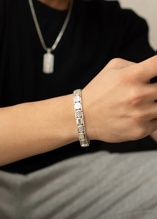 Geometric Engraved Oxidized Finish 925 Sterling Silver Bracelet For Men