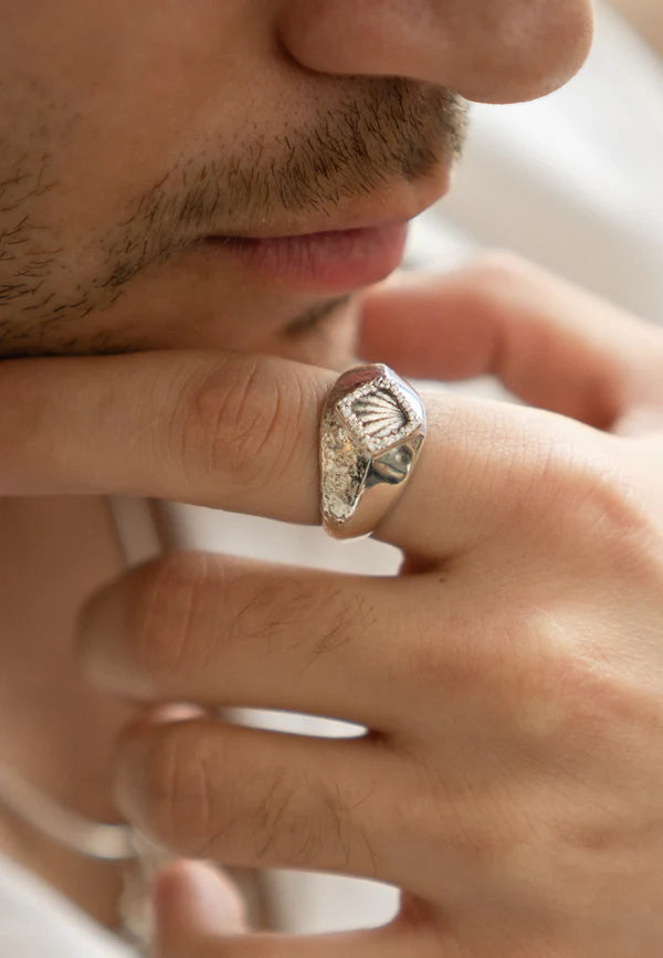 Textured Geometric Moissanite Oxidized Silver 925 Sterling Silver Ring For Men