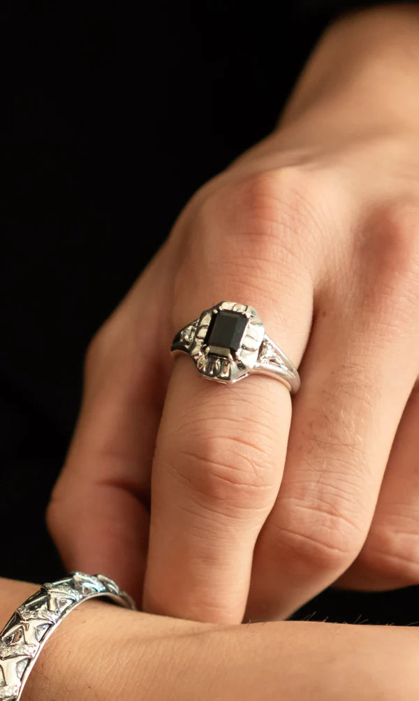 Geometric Black Onyx and Moissanite Oxidized Finish 925 Sterling Silver Ring For Men