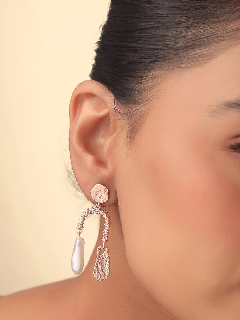Syra Rose Gold Textured Metal and Pearl Earrings 925 Sterling Silver For Women