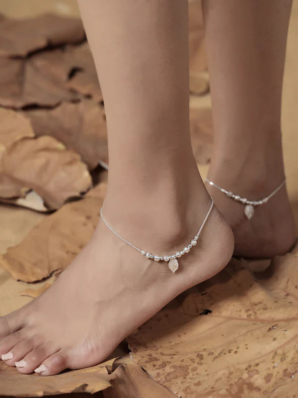 Nature's Elegance Leaf Charm and Metal Ball 925 Sterling Silver Anklet For Women