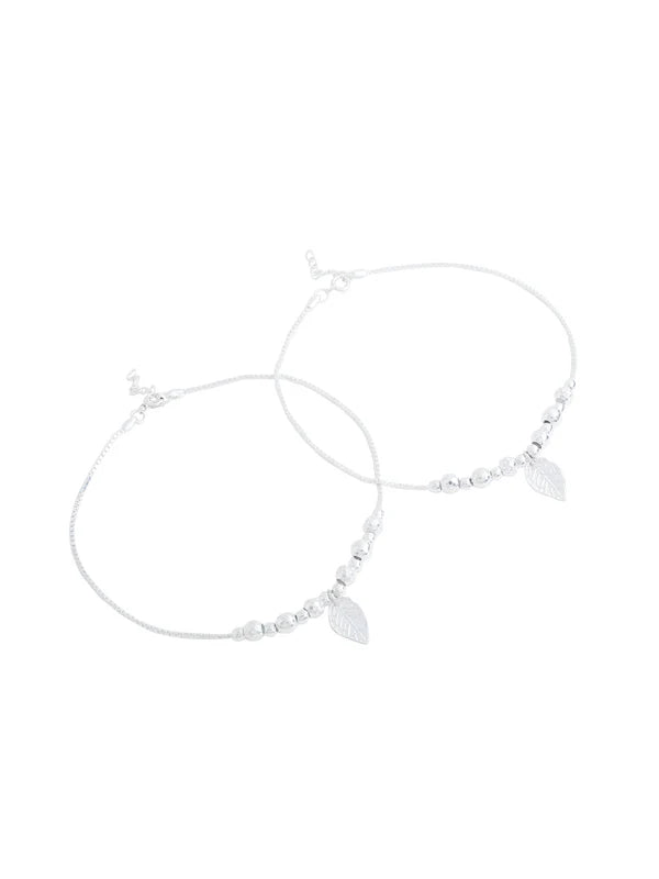 Nature's Elegance Leaf Charm and Metal Ball 925 Sterling Silver Anklet For Women