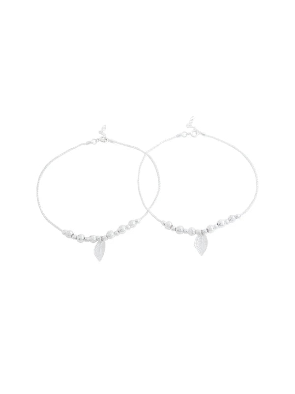 Nature's Elegance Leaf Charm and Metal Ball 925 Sterling Silver Anklet For Women