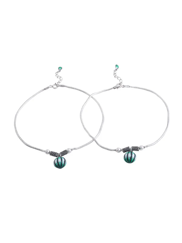 Beads Green & Black Enamel 925 Sterling Silver Anklet For Women